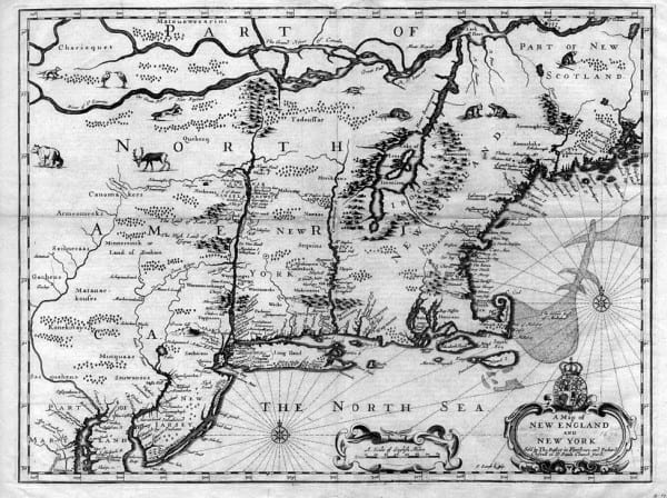 A map of New England and New York, 1672. Note that Lake Champlain appears east of the Connecticut River.