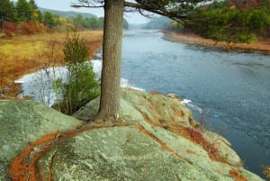 Ice meadows and outcrops along Upper Hudson River near Warrensburg.