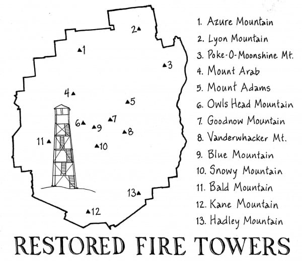 The map shows the locations of 13 fire towers in the Adirondack Park that have been restored in recent years or are now undergoing restoration.