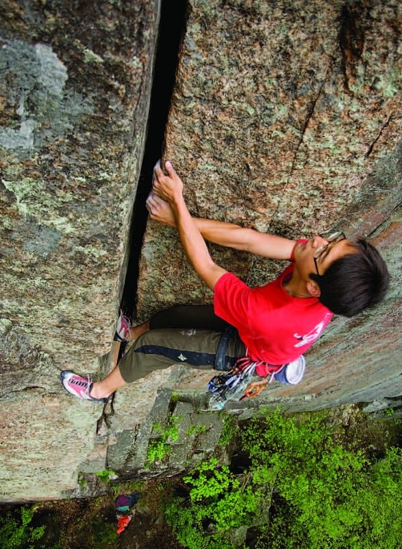 Brian Kim on Esthesia (5.10a) on the Spider’s Web in Keene Valley.