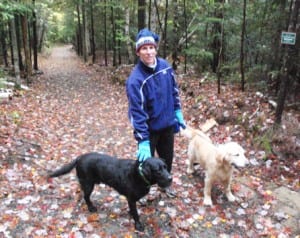 Donna Moody of Lake Placid enjoys a walk with her dogs, Rider (a black Labrador, and Ranger (a golden retriever).