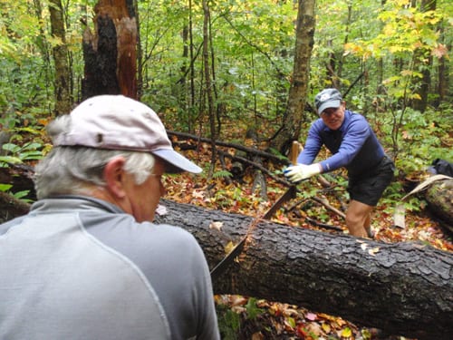 pa030009 Tony Goodwin, left, and Frank Krueger team up on the crosscut saw. Photo by Phil Brown.