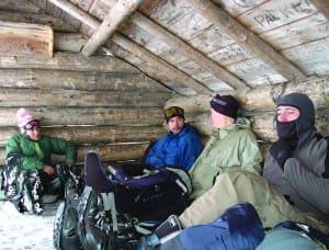 Skiers take a break at a lean-to near Tirrell Pond in the Blue Mountain Wild Forest. Photos by Susan Bibeau