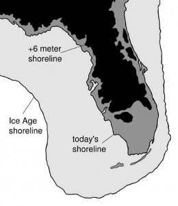 The map shows Florida’s shoreline as it was during the last ice age, as it is today, and as it might be in the future.