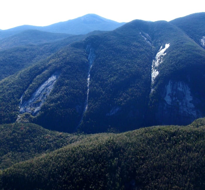 Aerial view of the 1999 slide (wide one on left) and 2011 slide (narrow one to its right) on Little Colden. Photo by Phil Brown.