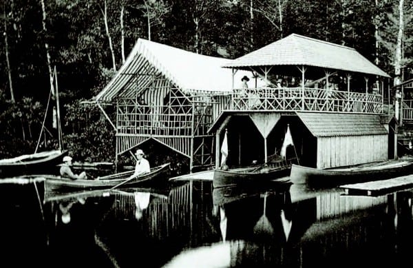 The boathouse at Birch Landing at Stokes Camp on Upper St. Regis Lake, circa 1890.