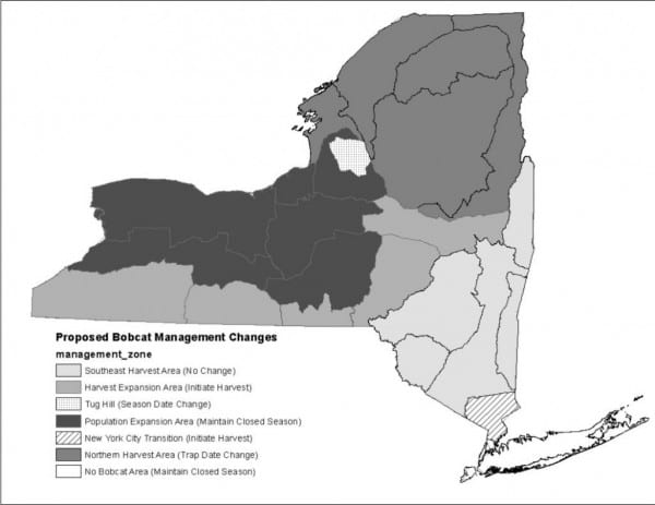 Map shows proposed changes in regulations for hunting and trapping bobcats. NYSDEC.