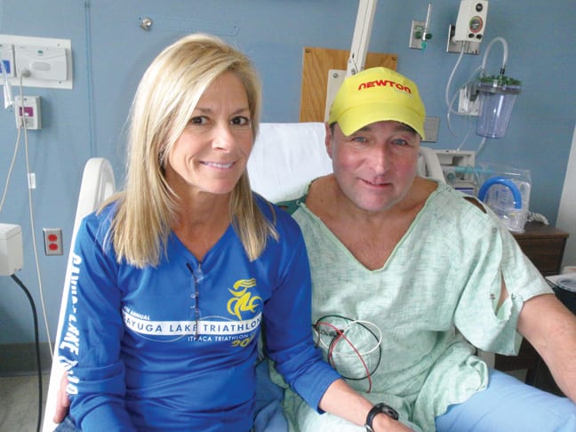 Jane and Stephen Mastaitis at Adirondack Medical Center after his harrowing night on Mount Marcy. Photo by Phil Brown