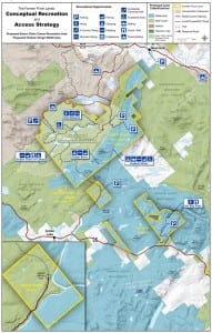 The map shows DEC’s recommendations for managing the Essex Chain, Indian River, and OK Slip Falls tracts. The region shaded in blue north of Route 28 would become the Hudson Gorge Wilderness Area. Map courtesy of NYSDEC