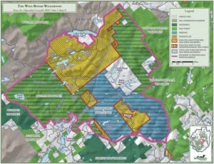 The Adirondack Council  proposes consolidating existing Forest Preserve and former Finch, Pruyn lands into a Wild Rivers Wilderness, outlined in pink. Courtesy of Adirondack Council. 