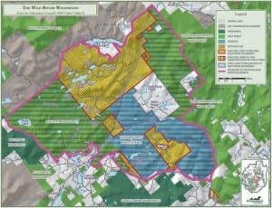 The Adirondack Council proposes consolidating existing Forest Preserve and former Finch, Pruyn lands into a Wild Rivers Wilderness, outlined in pink. Courtesy of Adirondack Council.