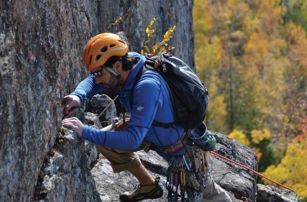 EMS guide Matt Wiech puts in protection on the Slanting Ledge.