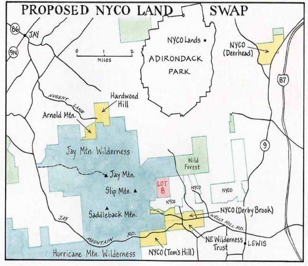 Under the proposal, the state would pick up the yellow parcels in exchange for Lot 8. Map by Nancy Bernstein