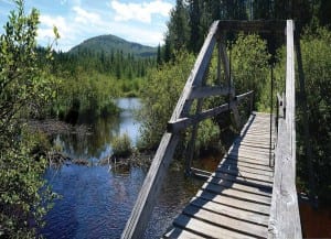 The Scarface Mountain trail crosses Ray Brook on a wooden bridge built by state prisoners. Photo by Susan Bibeau