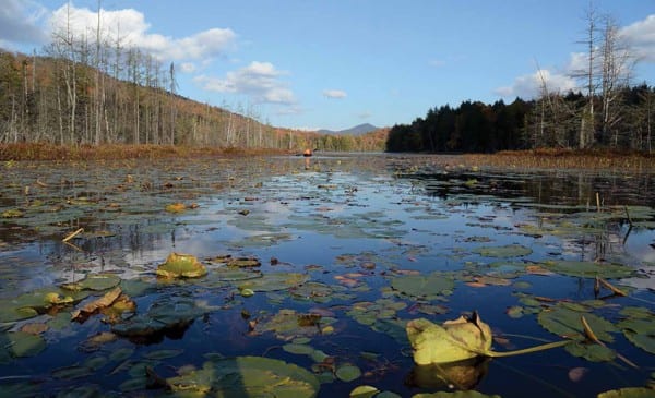 A lone canoeist paddles up the outlet of Sixth Lake on a fall afternoon. Photos by Susan Bibeau