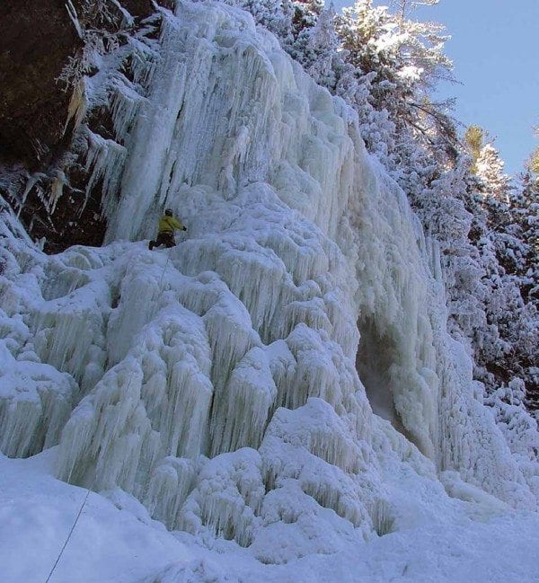 Don Mellor climbs OK Slip Falls in January. Photo by Don Mellor