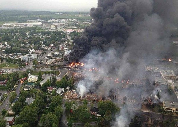 Last year’s rail accident in Lac Megantic, Quebec, drew attention to the danger of oil trains. Courtesy of Wiki Commons