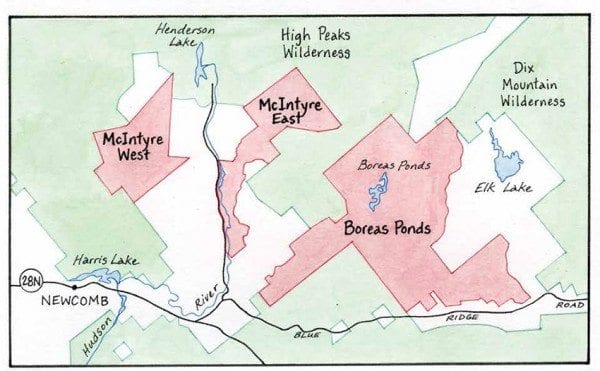 The state plans to buy the McIntyre Tracts this year and Boreas Ponds thereafter. Map by Nancy Bernstein
