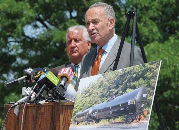 U.S. Senator Charles Schumer, right, has called for phasing out unsafe railcars used to transport oil. Photo by Paul Buckowski/Courtesy of the Albany Times Union