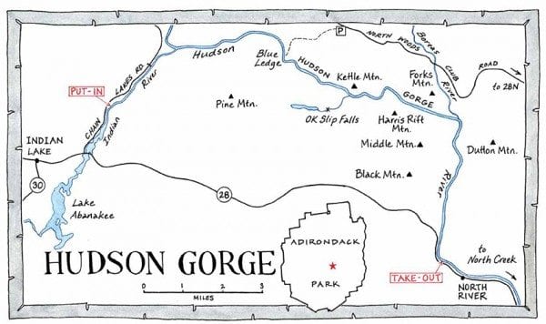 Hudson Gorge raft trips begin on the Indian River, with its heavy rapids. After three miles or so, rafters enter the Hudson River for fourteen miles of mild and turbulent rapids, with calm stretches mixed in. The takeout is at the hamlet of North River. Map by Nancy Bernstein