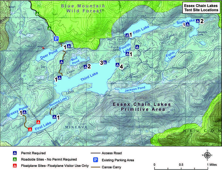 The map shows the campsites in the Essex Chain Lakes region. If requesting a camping permit, identify the site by its number and lake—for example, campsite 3 on Third Lake. Courtesy of DEC