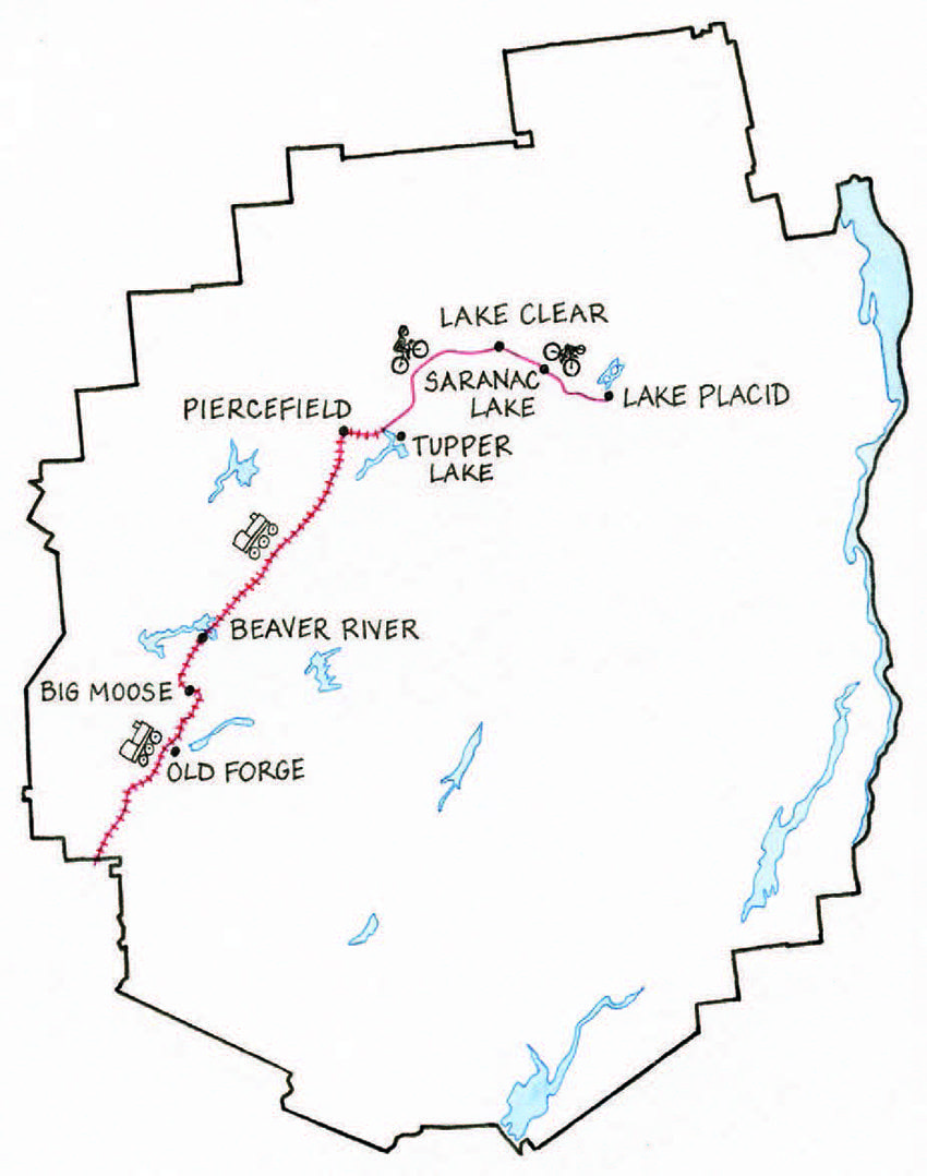 Under the state’s proposal, the tracks south of Tupper Lake would stay in place. Map by Nancy Bernstein