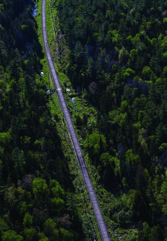 The rail corridor passes through unbroken forest in the Adirondack Park, including this section between Lake Placid and Saranac Lake. Photo by Nancie Battaglia