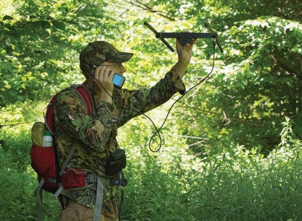 Wildlife biologist Ben Tabor tries to pick up a signal from a radio-collared moose. Photo by Mike Lynch