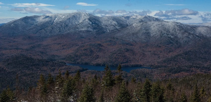 Henderson Lake and the Santanoni Range lie west of Adams. Photo by Nancie Battaglia