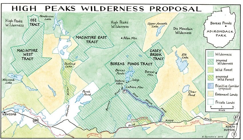 The map illustrates the proposal by environmental groups to expand the High Peaks Wilderness to 284,000 acres. Map by Nancy Bernstein