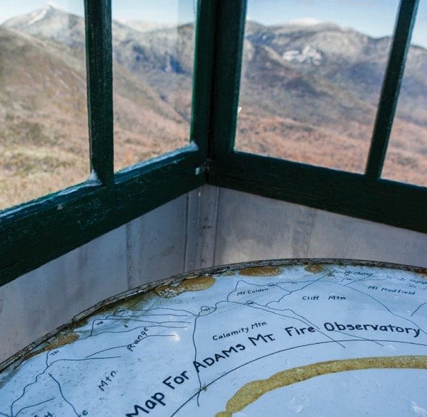 The view from inside the cabin of the Mount Adams fire tower. Photo by Nancie Battaglia