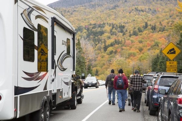 Cascade Mountain parking on Sunday, October 15, 2016, during Columbus Day weekend. When parking lots fill up on state Route 73, drivers often park their motor vehicles along the road, sometimes creating dangerous situations for passing vehicles and hikers.