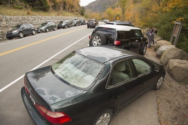 Cascade Mountain parking on Sunday, October 15, 2016, during Columbus Day weekend. When parking lots fill up on state Route 73, drivers often park their motor vehicles along the road, sometimes creating dangerous situations for passing vehicles and hikers.