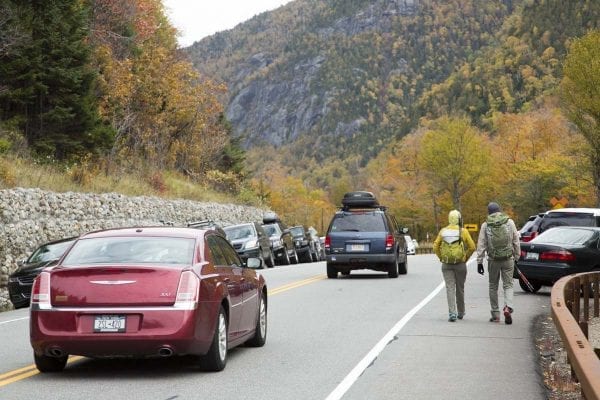 Cascade Mountain parking on Sunday, October 15, 2016, during Columbus Day weekend. When parking lots fill up on state Route 73, drivers often park their motor vehicles along the road, sometimes creating dangerous situations for passing vehicles and hikers.