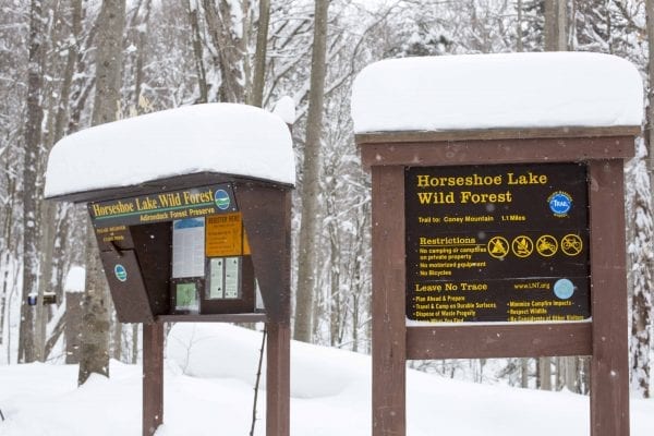 Coney Mountain is a popular hiking destination near Tupper Lake, but it can also be skied in the winter when there is a deep snowpack.