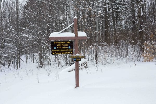 Coney Mountain is a popular hiking destination near Tupper Lake, but it can also be skied in the winter when there is a deep snowpack.