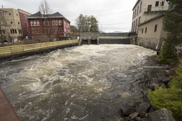 High waters on the Saranac River in Saranac Lake at the Lake Flower Dam on May 3.