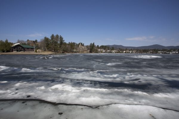Mirror Lake is covered with ice on May 2.
