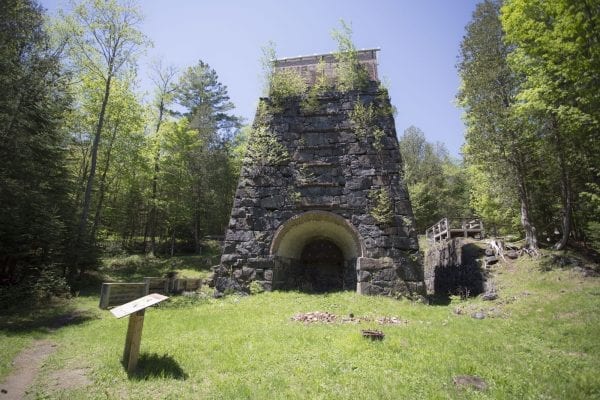 Ruins near the historic blast furnace for the MacIntyre Iron Works company on Upper Works Road in Newcomb.
