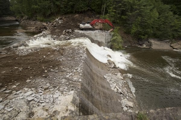 Crews work to remove the Rome Dam on the West Branch of the Ausable River on August 28, 2018. The dam is located upstream of Ausable Forks. Photo by Mike Lynch
