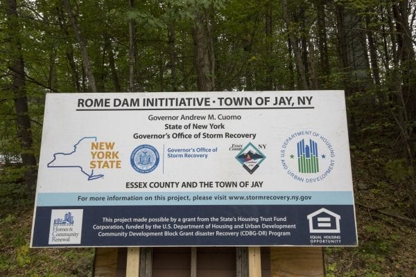 Crews work to remove the Rome Dam on the West Branch of the Ausable River on August 28, 2018. The dam is located upstream of Ausable Forks.