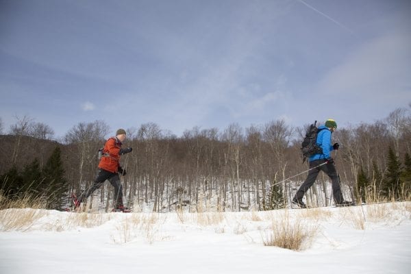 Phil Brown and Josh Wilson ski the Old Mountain Road section of the Jackrabbit Trail in November 2018. Photo by Mike Lynch