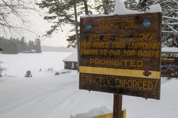 The Ampersand Bay state boat launch on Lower Saranac Lake was snowed-in Monday.