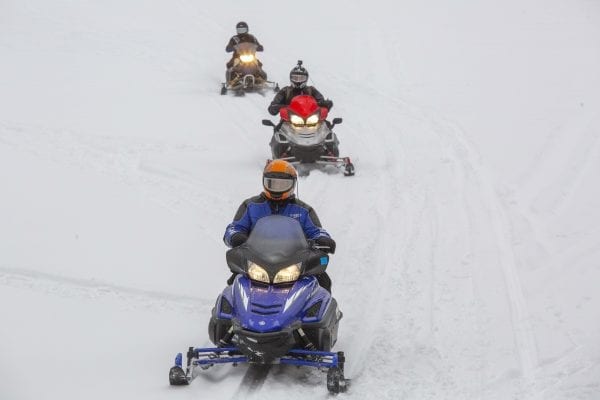 Snowmobiles on Long Lake in Hamilton County. Photo by Mike Lynch