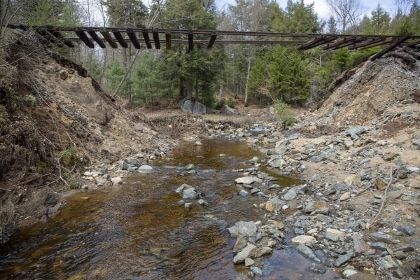 A large section of this railroad bed near Hoel Pond appears to have been washed out by a stream. Photo by Mike Lynch