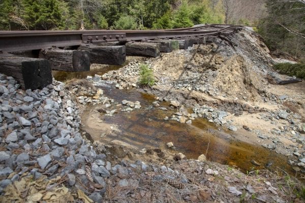 A large section of this railroad bed near Hoel Pond appears to have been washed out by a stream. Photo by Mike Lynch
