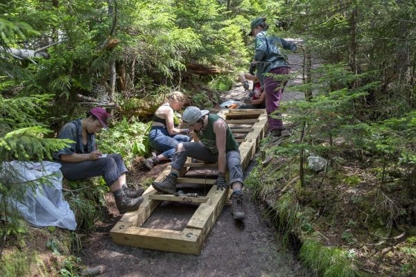 The professional trail crew works on a staircase on the trail up Mount Colden. Photo by Mike Lynch