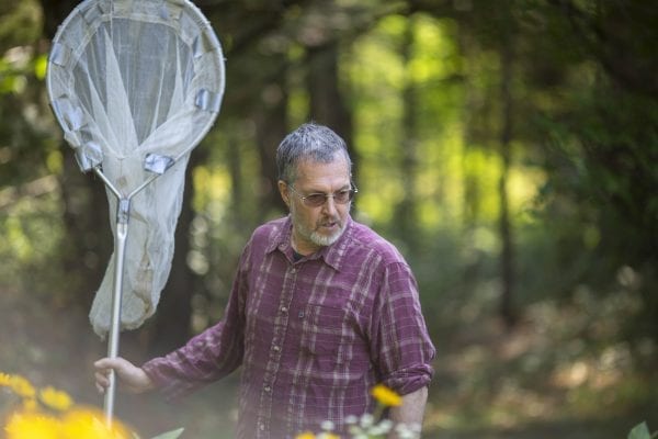 Dan Jenkins looks for monarch butterflies in his garden. Photo by Mike Lynch