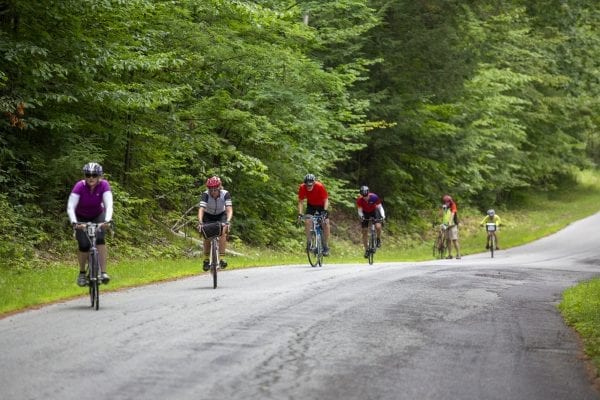 Cycle Adirondacks participants ride through a forested area in the Champlain Valley. The cyclists did a weeklong tour in the eastern Adirondacks. Photo by Mike Lynch
