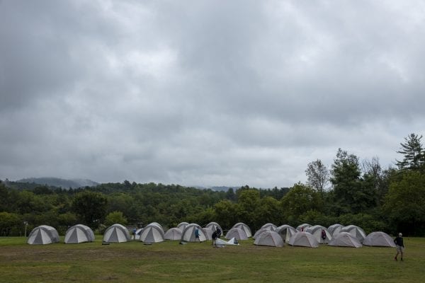 Cycle Adirondacks participants stay in tent cities, like this one at the Essex County Fairgrounds in Westport. Photo by Mike Lynch